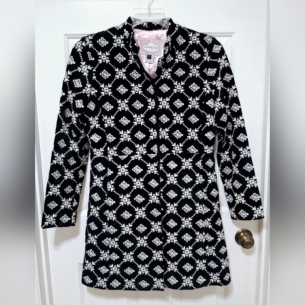 Anthropologie Wendy Hil Black Suede Embroidered Tunic Length Coat Size Small - Picture 2 of 15